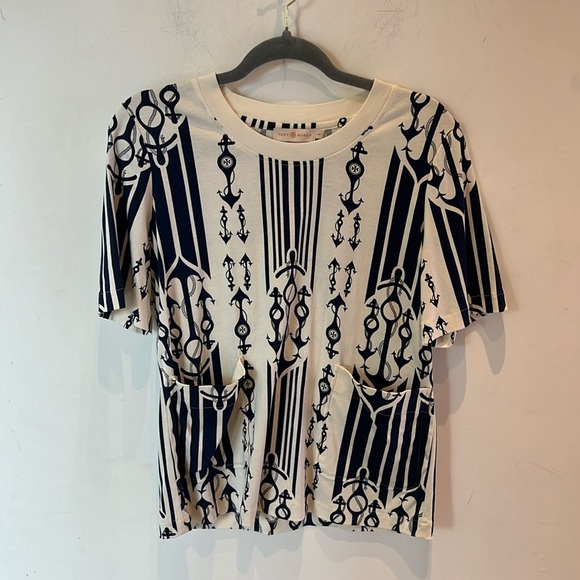 Tory Burch Tops - Tory Burch Cotton Ivory and Navy Anchors Top